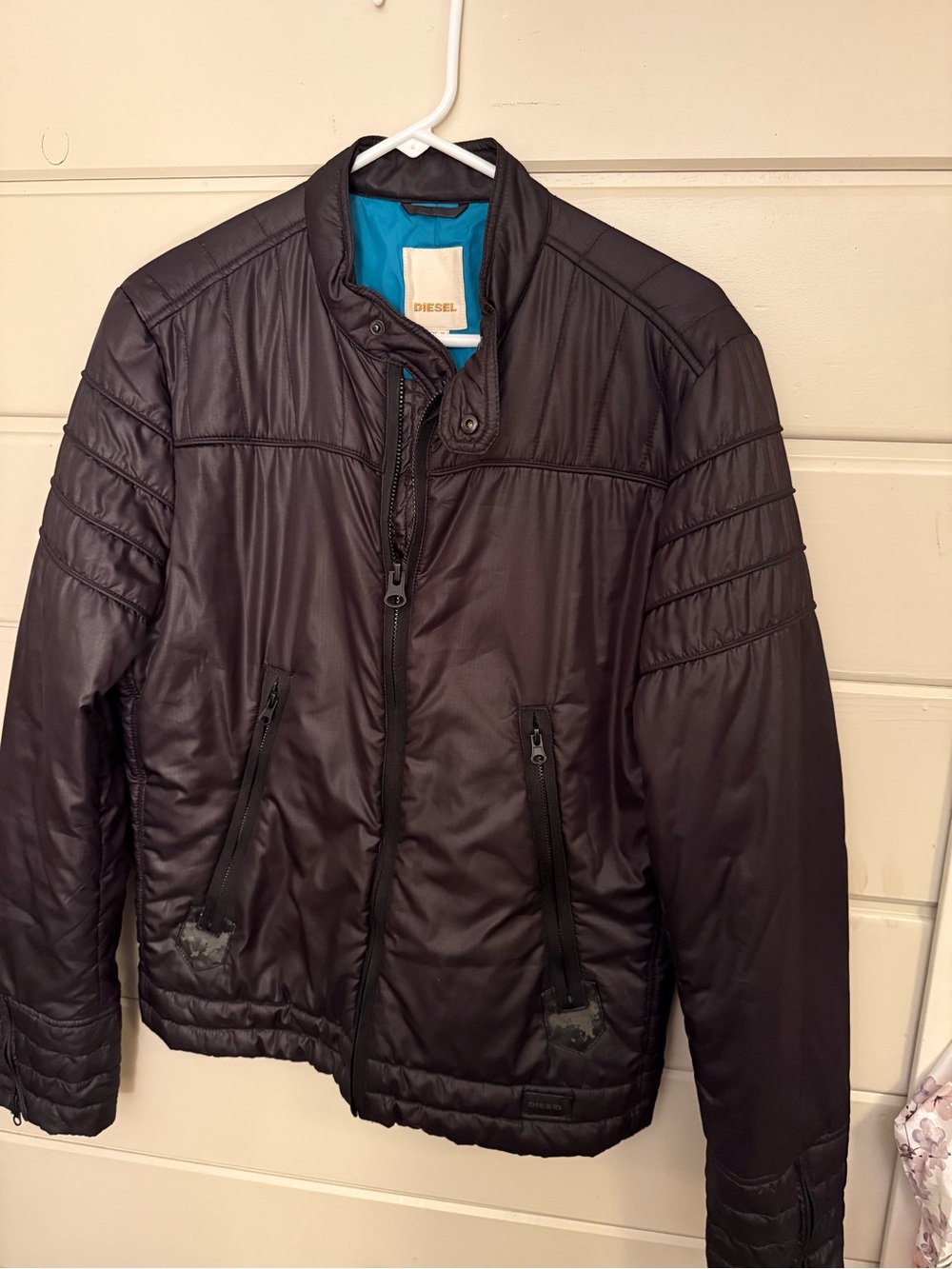 Diesel Men's Black Puffer Jacket with Blue Lining